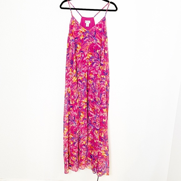 Nicole Miller Floral Charmeuse Satin Slip Maxi Dress Pink XL Artsy Watercolor - Picture 2 of 13